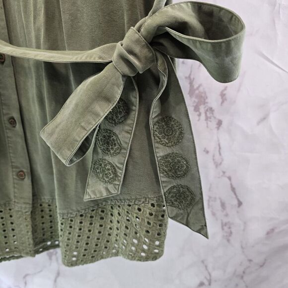 Desigual Dress Women Small Green Army Embroidered Shirt Tie Floral Military Boho - Picture 4 of 12